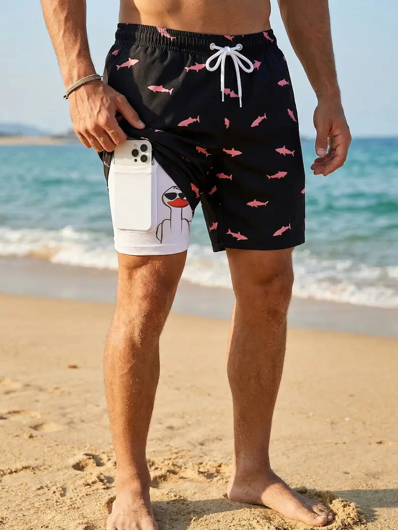 Unisex Prank Duck Print 2-in-1 Beach Shorts
